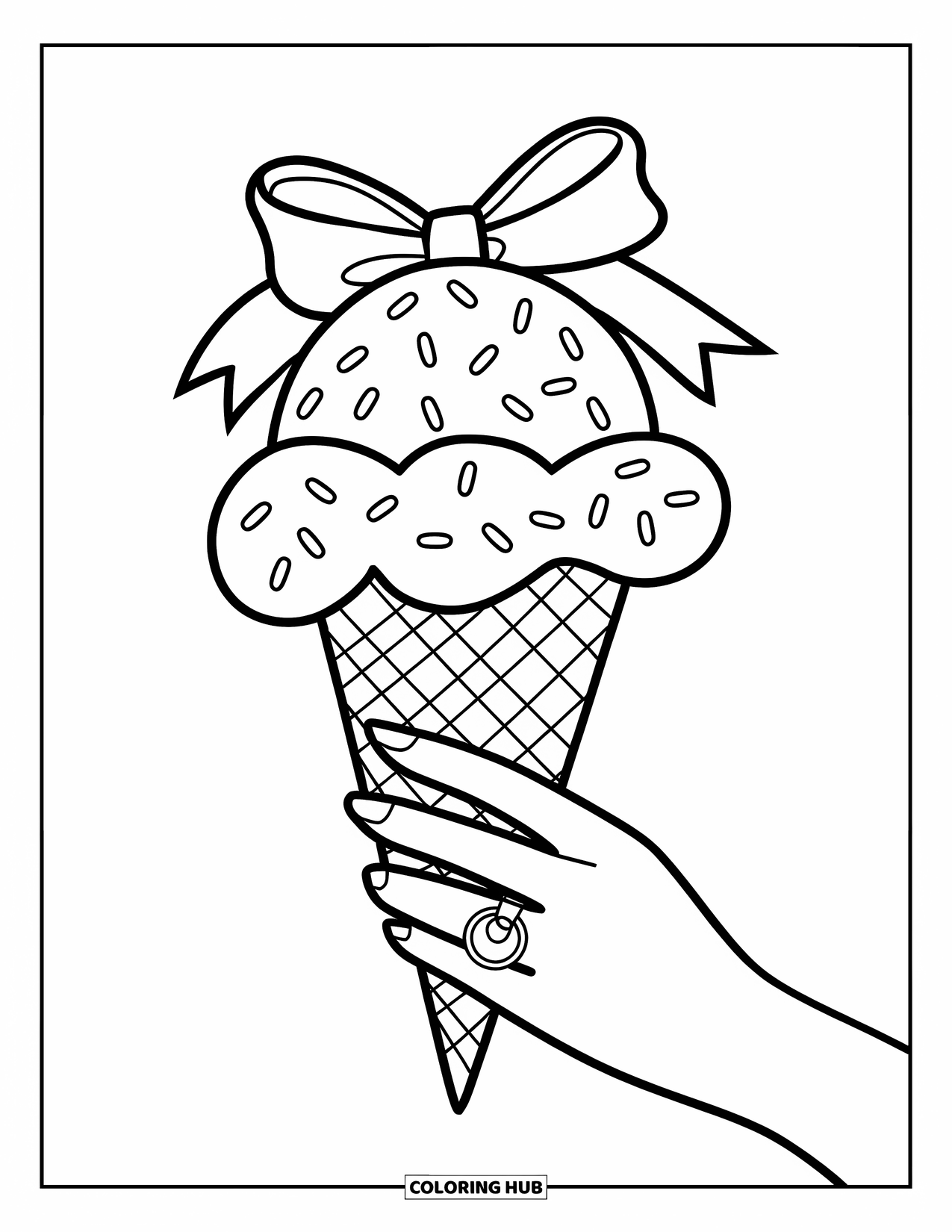 Summer Preppy Coloring Page for Kids: A big ice cream cone with a bow and sprinkles looks delicious