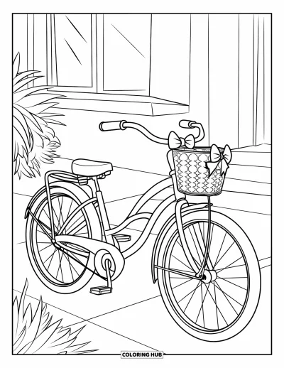 Coloriage summer preppy pour enfants : Un vélo avec un panier et un nœud appuyé près de fleurs et d'un bâtiment