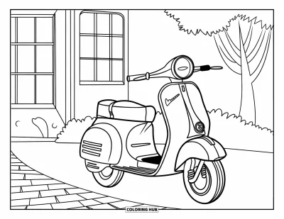 Coloriage summer preppy pour enfants : Une trottinette ornée d'un nœud devant un bâtiment avec un arbre et une porte rouge