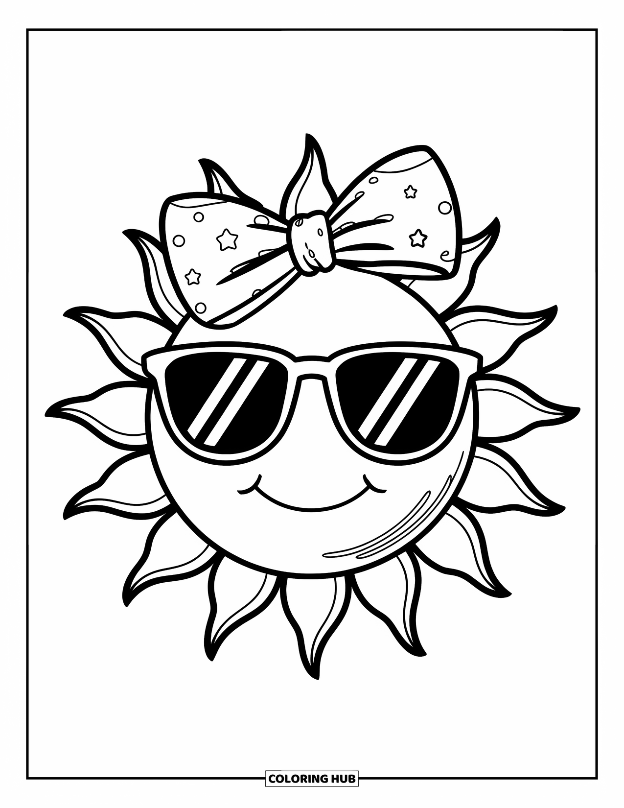 Summer Preppy Coloring Page for Kids: A bright sun with a bow and shades spreads summer joy