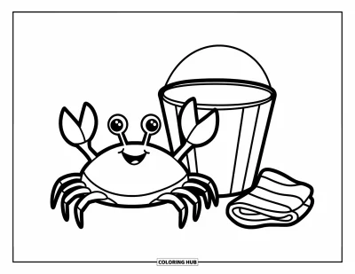 Coloriage summer preppy pour enfants : Un crabe souriant et un seau reposent gaiement près d'une serviette de plage