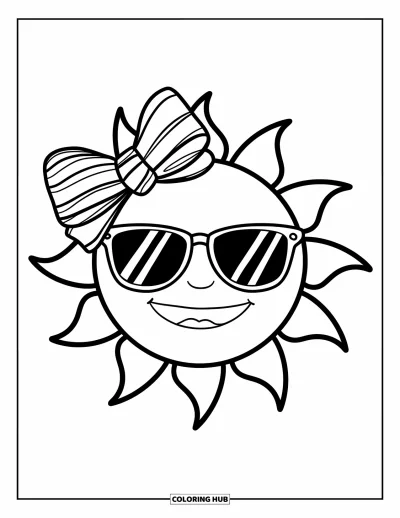 Coloriage summer preppy pour enfants : Un soleil joyeux avec un nœud et des lunettes sourit sous un ciel dégagé