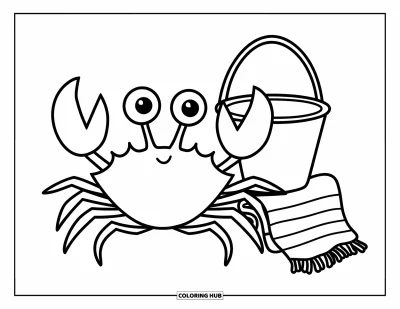 Coloriage summer preppy pour enfants : Un crabe avec un seau sourit près d'une serviette d'été pliée