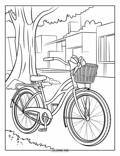 Coloriage summer preppy pour enfants : Un vélo croiseur avec un panier et un nœud attend près d'un arbre ombragé
