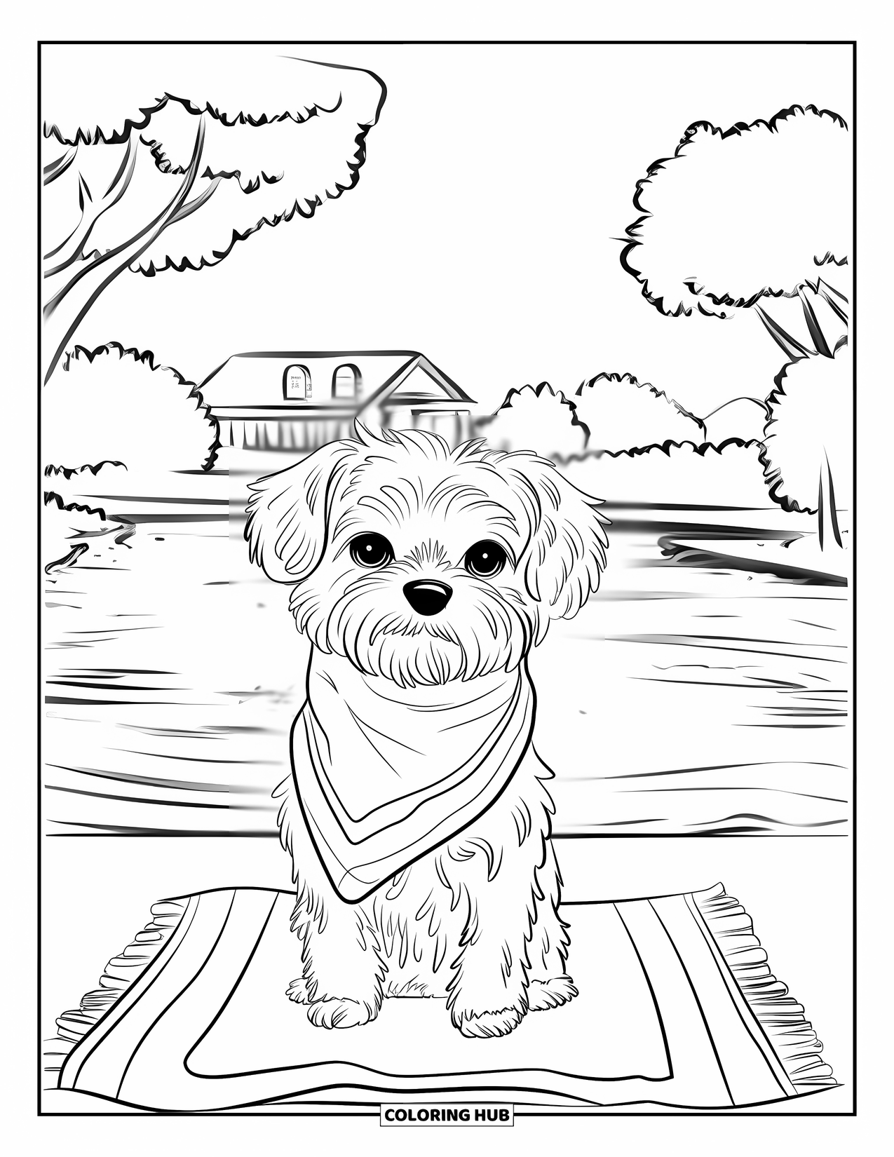 Summer Preppy Coloring Page for Kids: A cute dog with a scarf rests calmly on a preppy towel