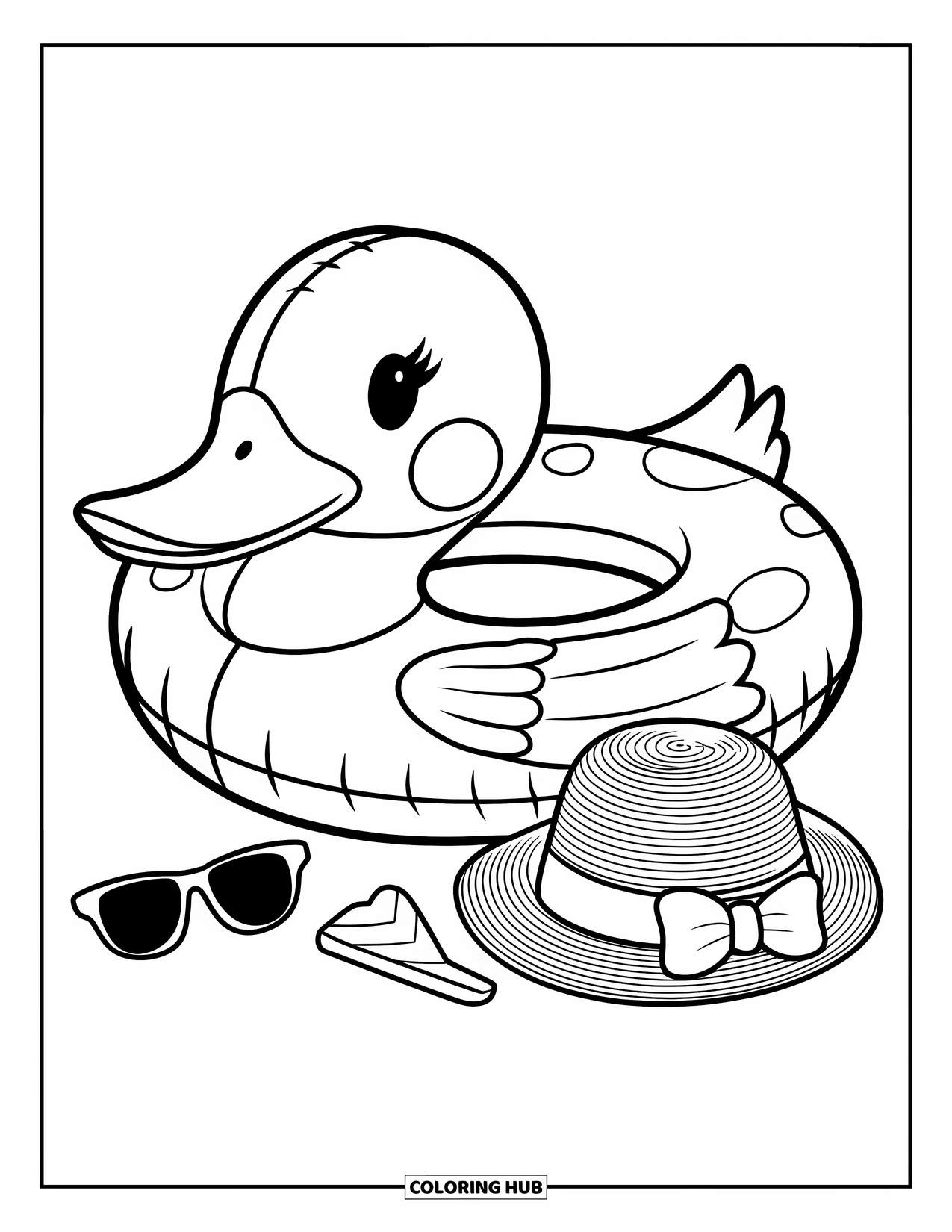 Summer Preppy Coloring Page for Kids: A cute duck float with a bow rests beside summer accessories