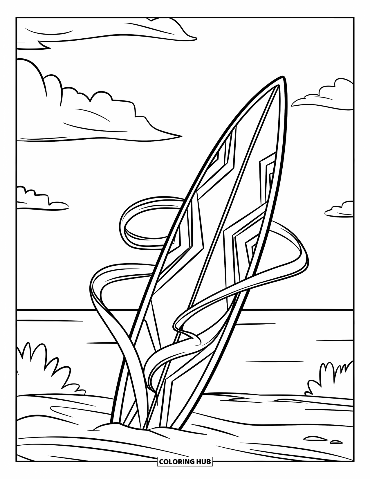 Summer Preppy Coloring Page for Kids: A decorated surfboard with ribbons glows under a bright summer sky