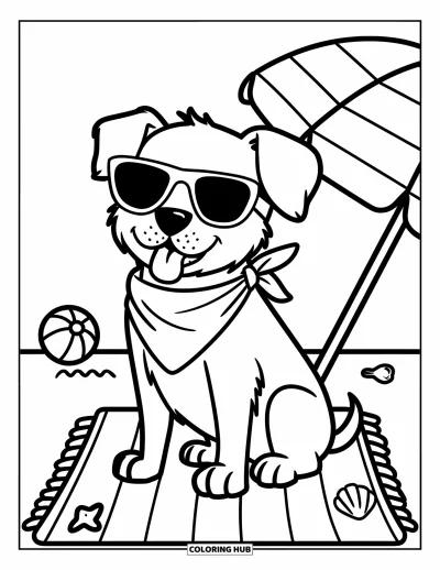 Coloriage summer preppy pour enfants : Un chien avec des lunettes de soleil et un bandana se prélasse sur un tapis rayé