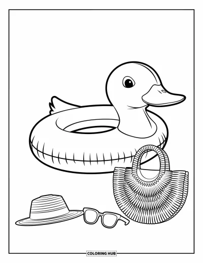 Coloriage summer preppy pour enfants : Un canard flotteur et des accessoires d'été flottent joyeusement dans l'air chaud