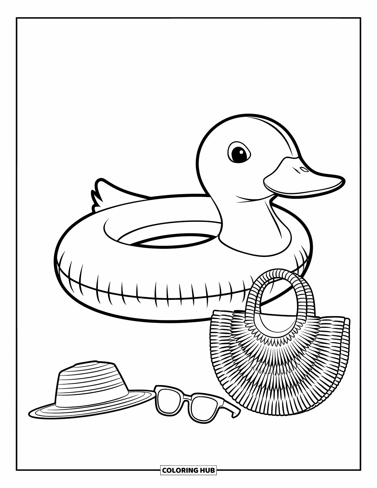 Summer Preppy Coloring Page for Kids: A duck float and summer gear float playfully in the warm air