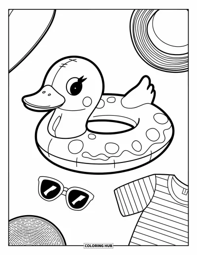 Coloriage summer preppy pour enfants : Un flotteur en forme de canard avec des lunettes de soleil et un chapeau posés à côté