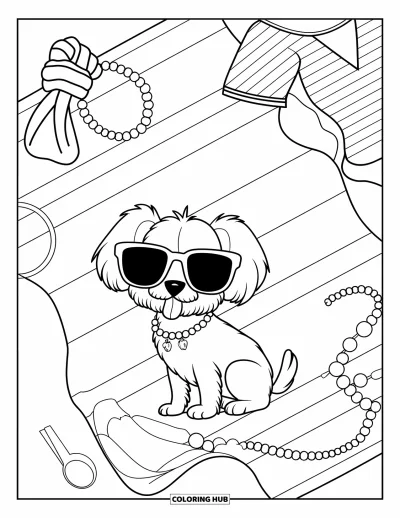 Coloriage summer preppy pour enfants : Un chien élégant en lunettes de soleil se détend sur une serviette avec des accessoires preppy