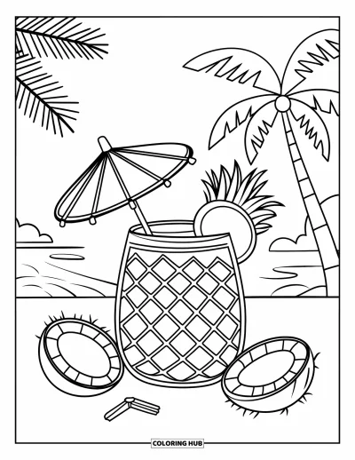 Coloriage summer preppy pour enfants : Un verre de jus d'ananas avec une ombrelle posé parmi des noix de coco et des palmiers