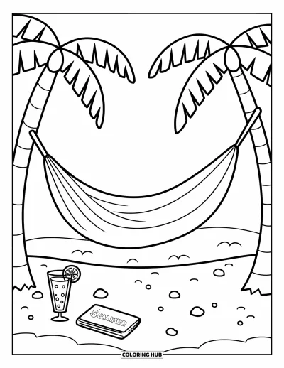 Coloriage summer preppy pour enfants : Un hamac entre des palmiers près d'un livre et d'une boisson rafraîchissante