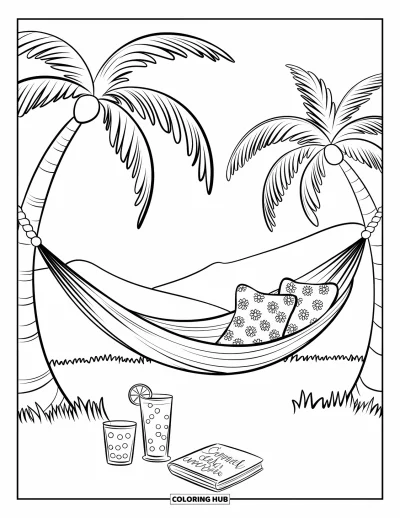 Coloriage summer preppy pour enfants : Un hamac avec des coussins tendu entre des palmiers sous un ciel d'été serein
