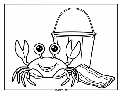 Coloriage summer preppy pour enfants : Un crabe heureux avec un seau sourit sur le sable près d'une serviette