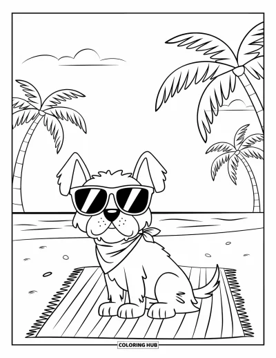 Coloriage summer preppy pour enfants : Un chien joyeux en lunettes et foulard se détend sur une plage ensoleillée