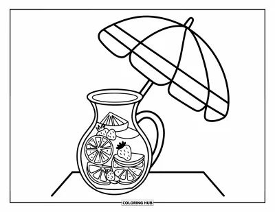 Coloriage summer preppy pour enfants : Une carafe de limonade garnie de fruits sous un parasol fleuri