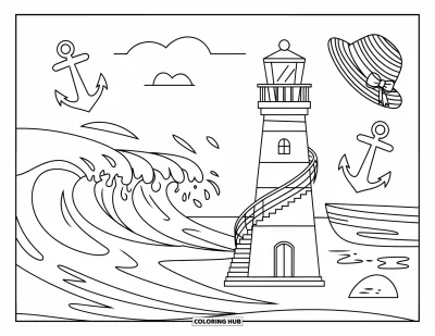 Coloriage summer preppy pour enfants : Une scène de phare avec des vagues, des ancres et le charme estival du bord de mer