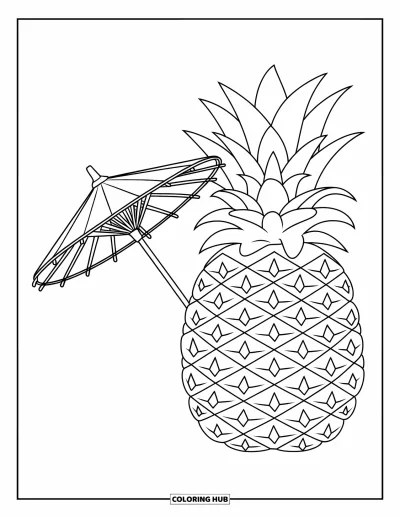 Coloriage summer preppy pour enfants : Une boisson à l'ananas avec une petite ombrelle apporte une touche tropicale et gaie