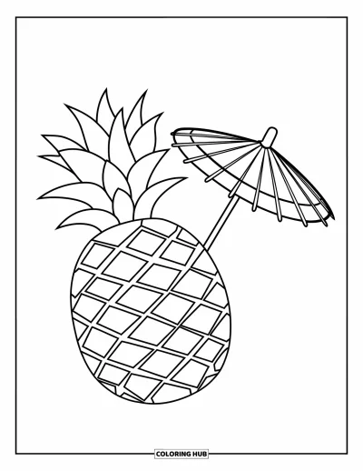 Coloriage summer preppy pour enfants : Un verre d'ananas avec une ombrelle prêt pour une gorgée ensoleillée