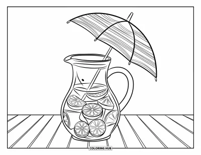 Coloriage summer preppy pour enfants : Une carafe de limonade avec des tranches de fruits brille sur une table en bois