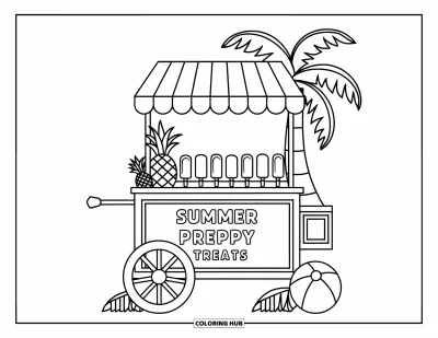 Coloriage summer preppy pour enfants : Un chariot de glaces intitulé "Summer Preppy Treats" décoré d'ananas et d'éléments de plage