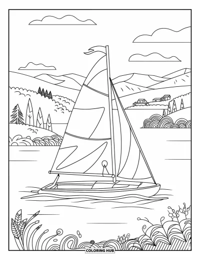 Coloriage summer preppy pour enfants : Un joli voilier preppy flotte sur un lac calme avec des montagnes au loin