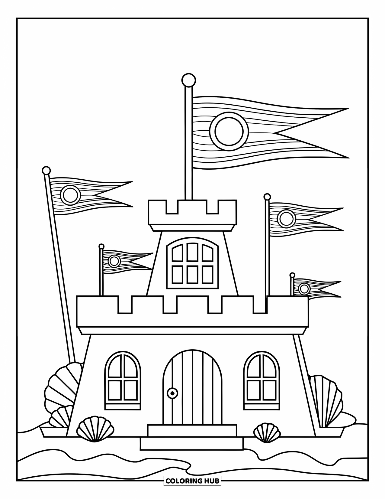 Summer Preppy Coloring Page for Kids: A preppy sandcastle with flags and shells sits on clean white sand