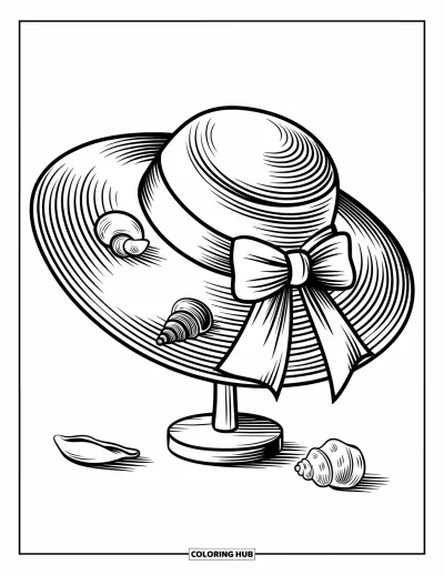 Coloriage summer preppy pour enfants : Un chapeau d'été preppy avec un nœud élégamment posé sur un présentoir