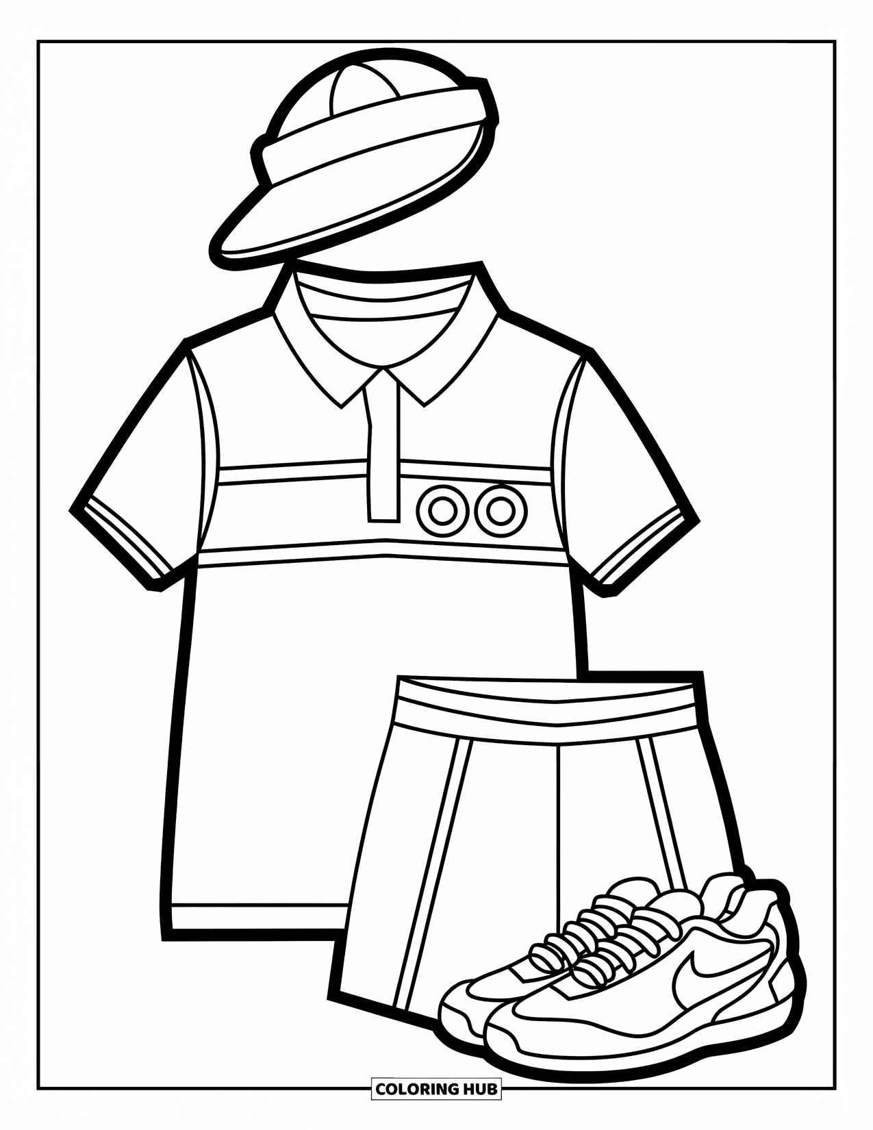Summer Preppy Coloring Page for Kids: A preppy tennis outfit with a tilted visor and sneakers sits on display