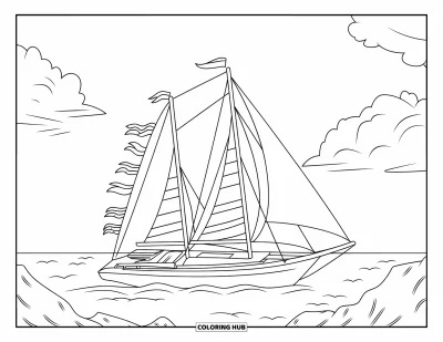 Coloriage summer preppy pour enfants : Un voilier dérive près d'un rivage rocheux sous de douces nuées estivales