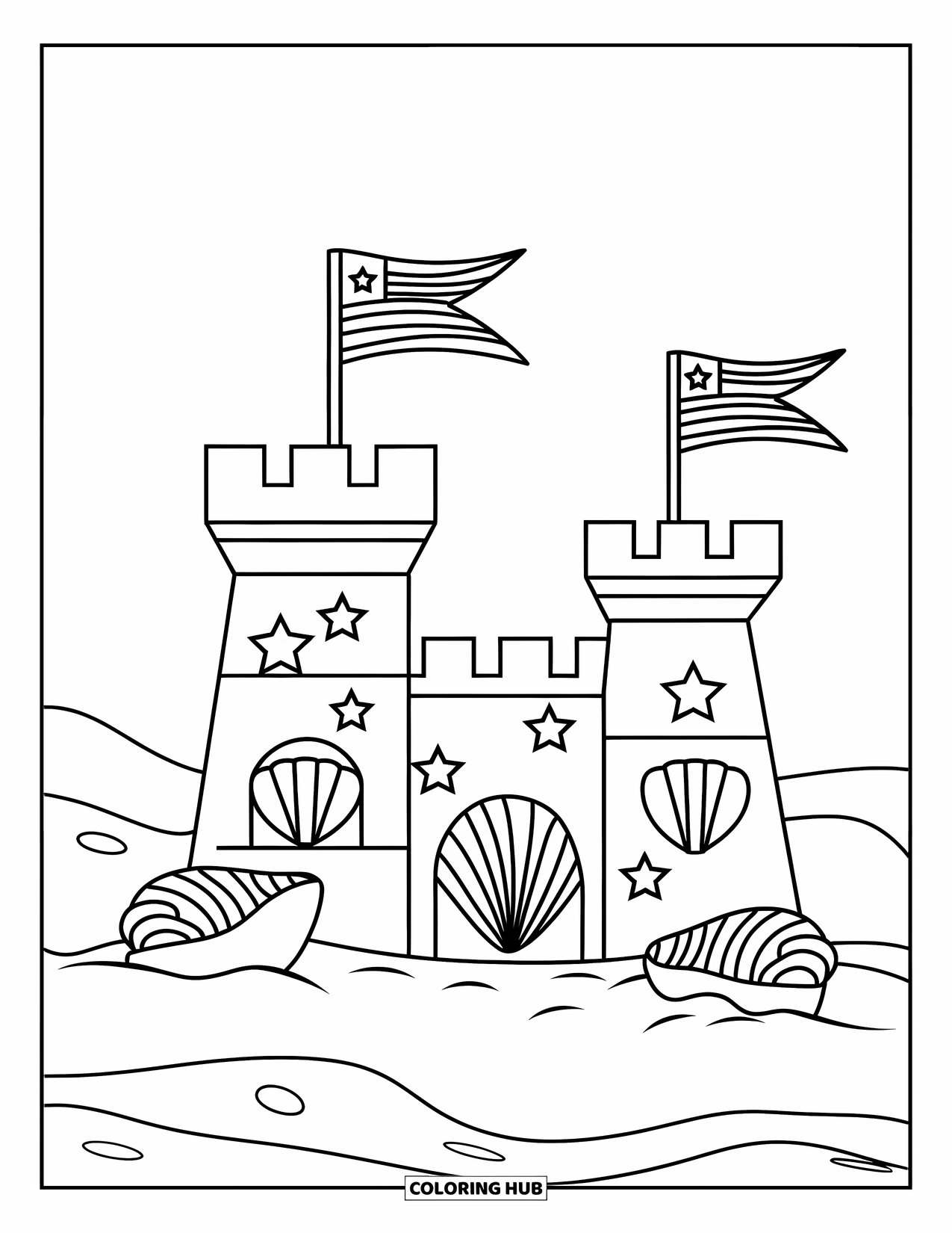 Summer Preppy Coloring Page for Kids: A sandcastle with flags and shells sparkles on a sunny beach