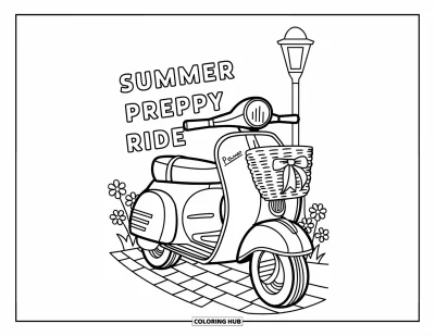 Coloriage summer preppy pour enfants : Une trottinette avec un nœud posée sur un chemin près de fleurs et d'un lampadaire
