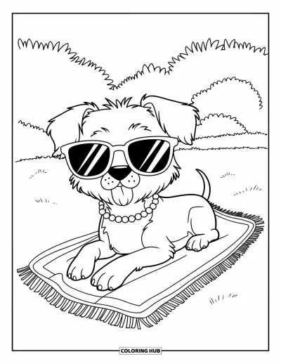 Coloriage summer preppy pour enfants : Un petit chien avec des perles se prélasse avec style sur une serviette dans l'herbe