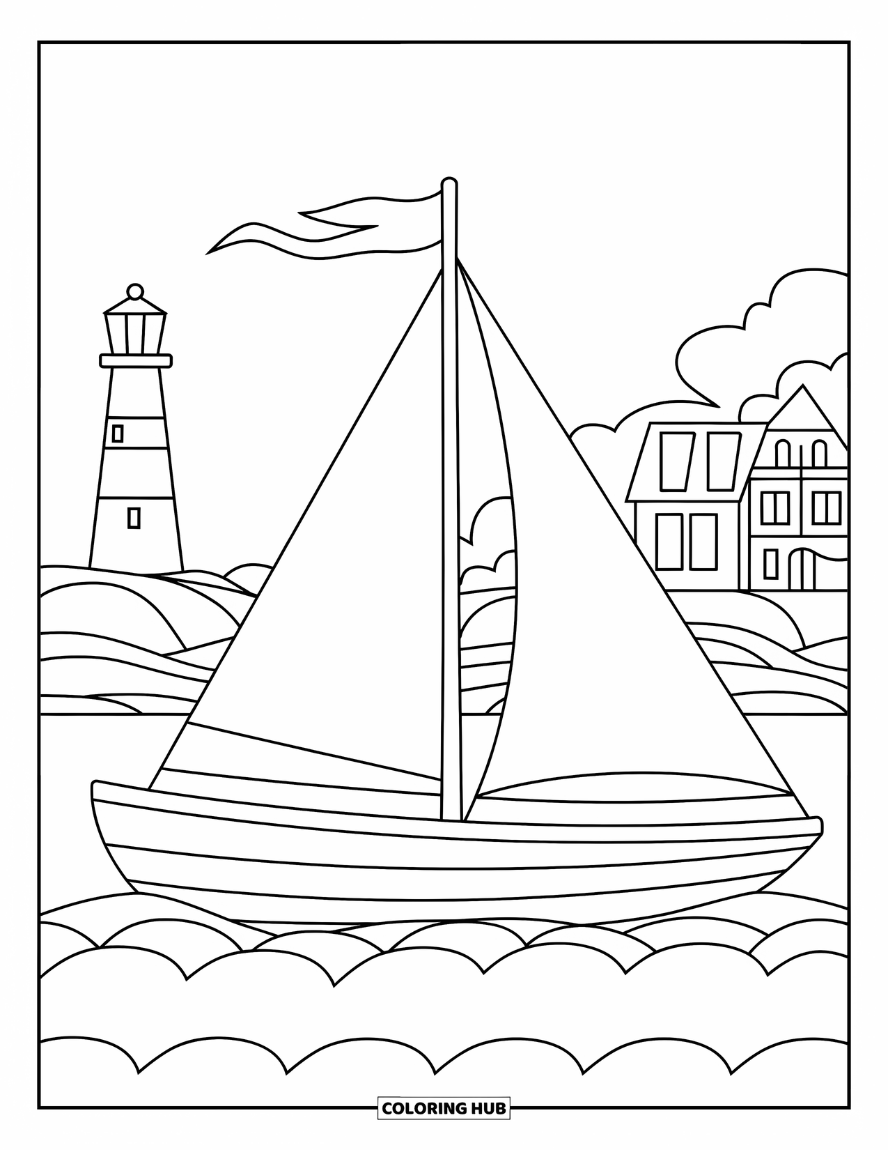 Summer Preppy Coloring Page for Kids: A small sailboat with a flag drifts by a lighthouse and shore