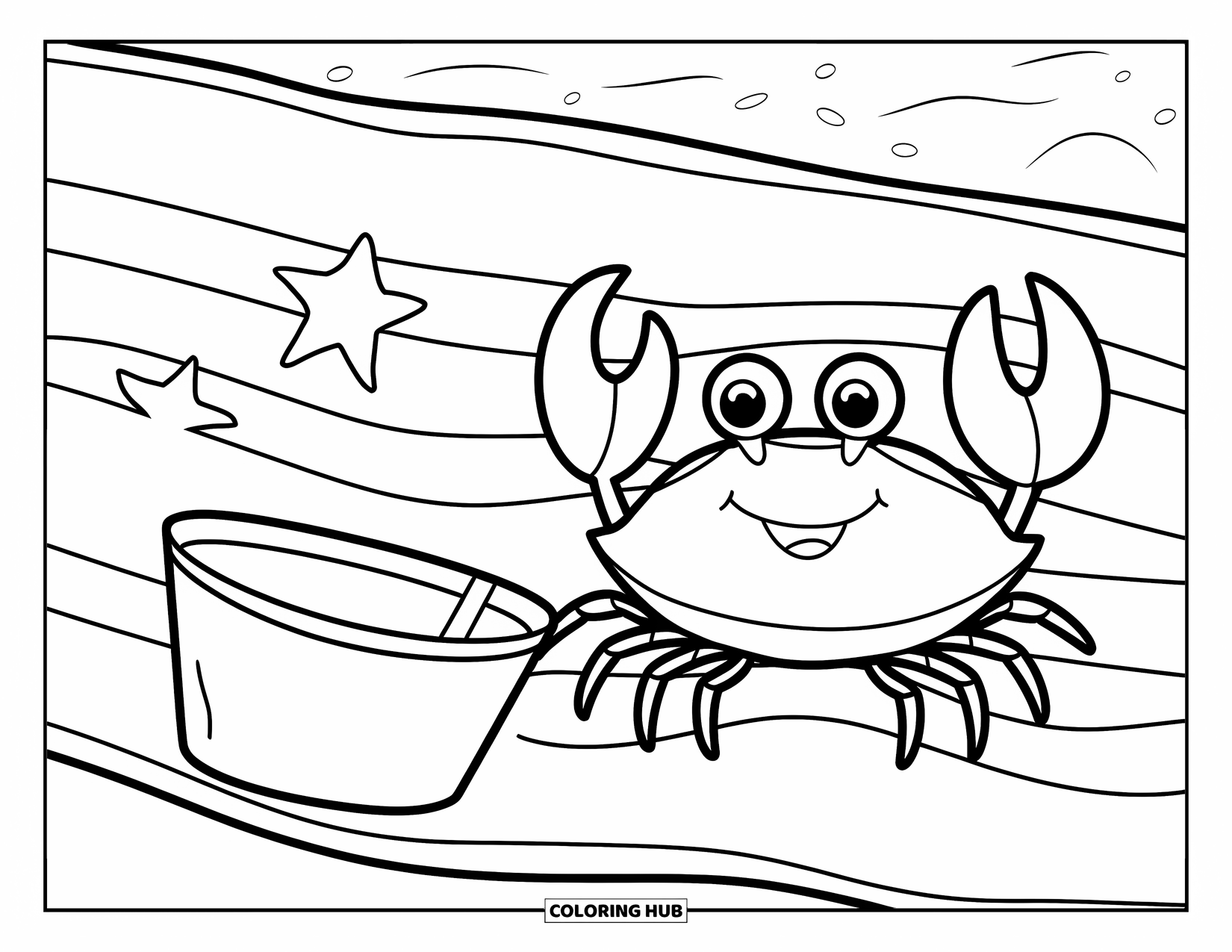 Summer Preppy Coloring Page for Kids: A smiling crab holds a pail beside a striped beach towel