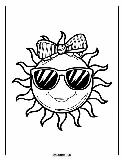 Coloriage summer preppy pour enfants : Un soleil souriant avec des lunettes de soleil et un nœud rayonne de bonheur