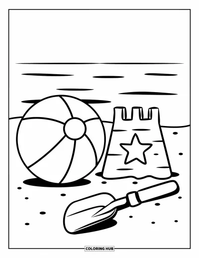 Coloriage summer preppy pour enfants : Un ballon de plage rayé et une pelle posés près des vagues et de palmiers