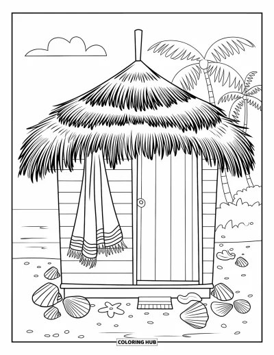 Coloriage summer preppy pour enfants : Une cabane de plage rayée avec des serviettes et des coquillages sous des palmiers