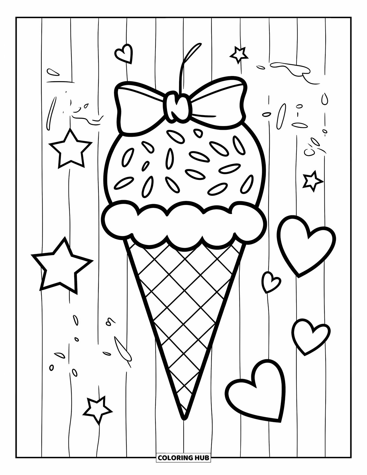 Summer Preppy Coloring Page for Kids: A striped cone topped with sprinkles and bows brightens the scene