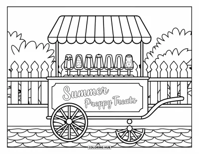 Coloriage summer preppy pour enfants : Un chariot de glaces rayé propose des douceurs fraîches le long d'un chemin pavé et ensoleillé