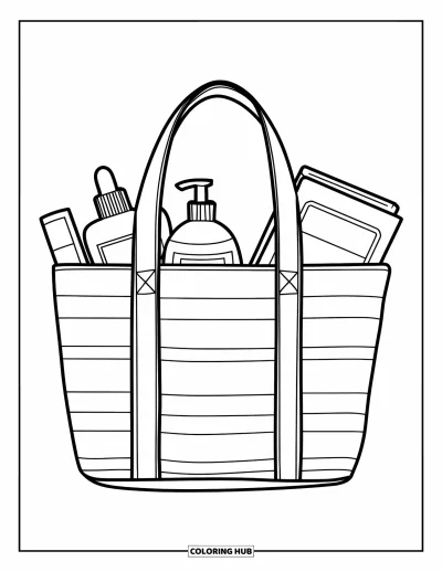 Coloriage summer preppy pour enfants : Un tote bag rayé rempli de livres et de crème solaire posé sur le sable blanc