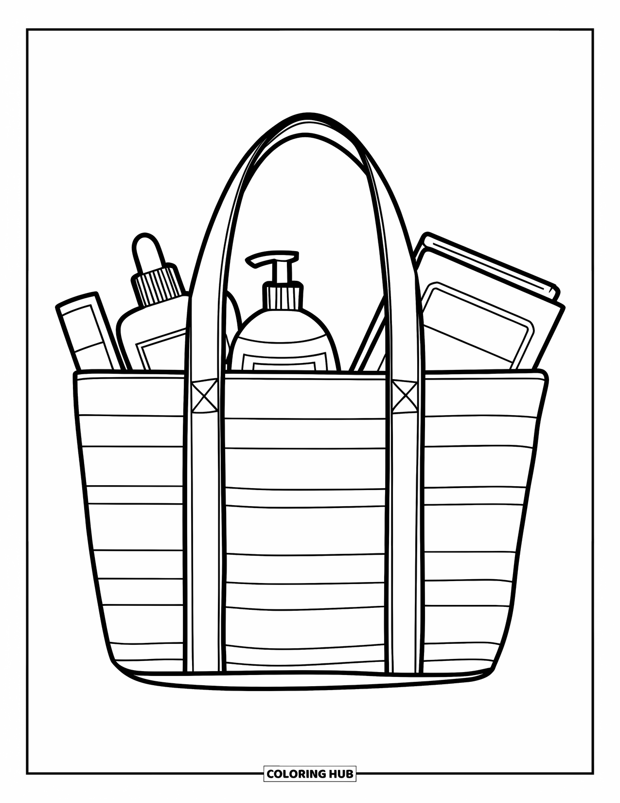 Summer Preppy Coloring Page for Kids: A striped tote filled with books and lotion sits on white sand