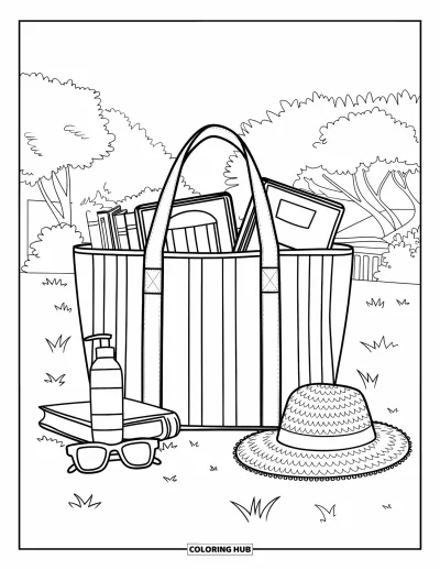 Coloriage summer preppy pour enfants : Un tote bag rayé contient des livres d'été, de la crème solaire et un grand chapeau de soleil