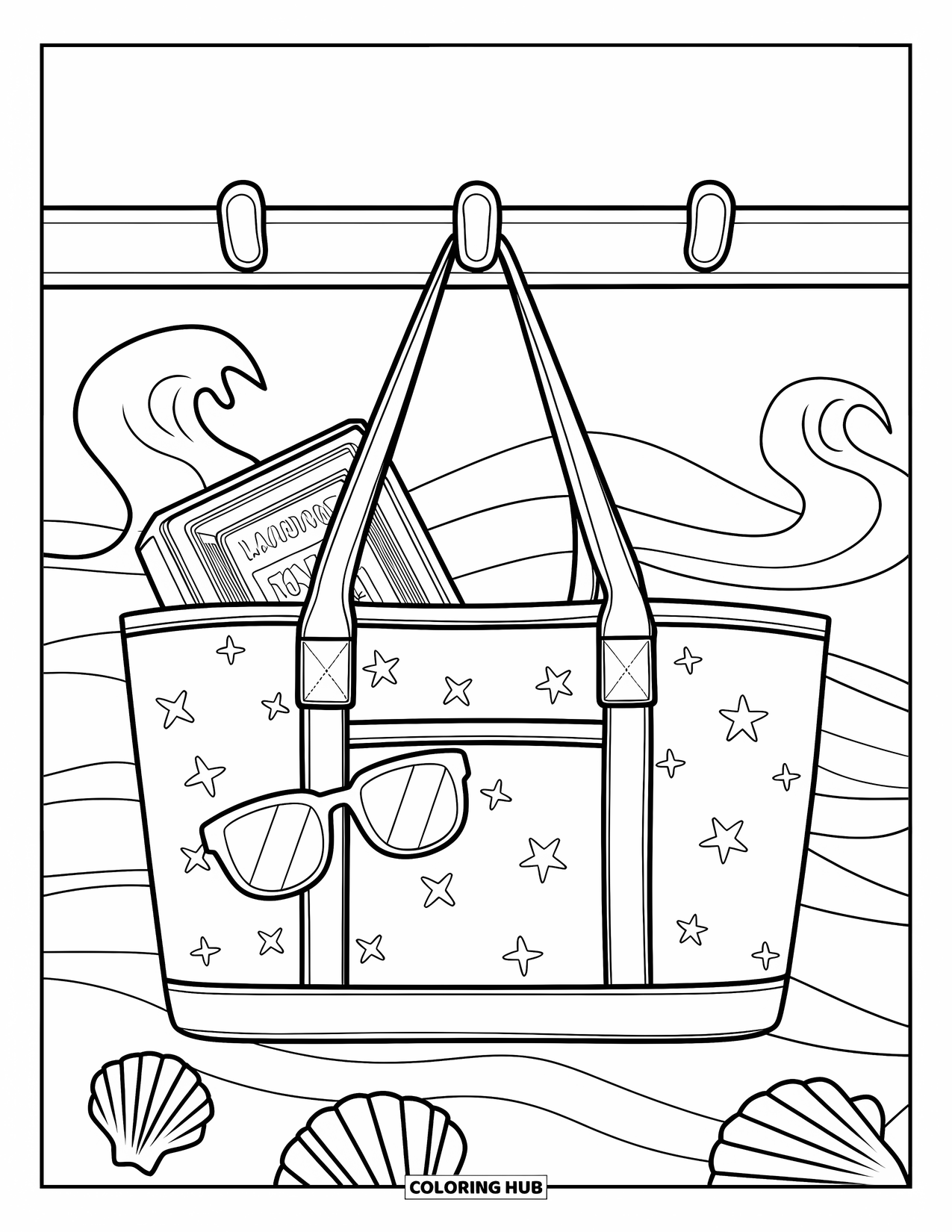 Summer Preppy Coloring Page for Kids: A stylish tote hangs beside waves, seashells, and coastal breeze