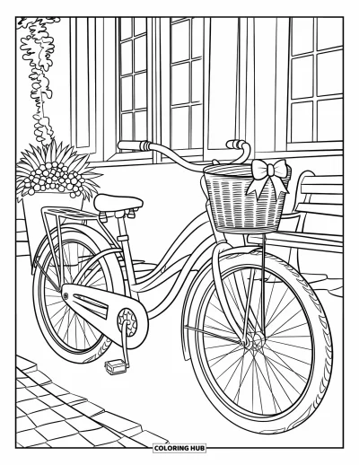 Coloriage summer preppy pour enfants : Un vélo estival avec un nœud garé près de plantes et d'un bâtiment ensoleillé