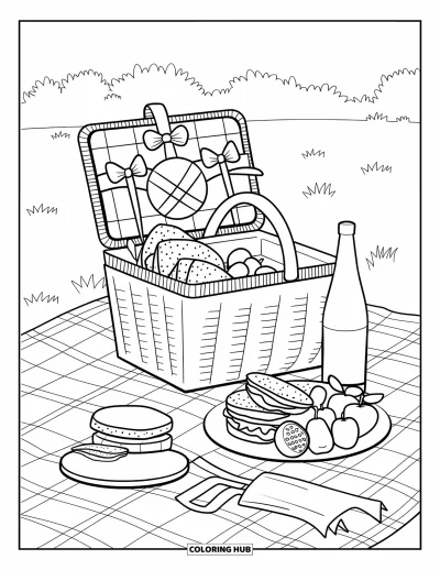 Coloriage summer preppy pour enfants : Un pique-nique d'été sur un plaid vichy avec des nœuds et de la nourriture
