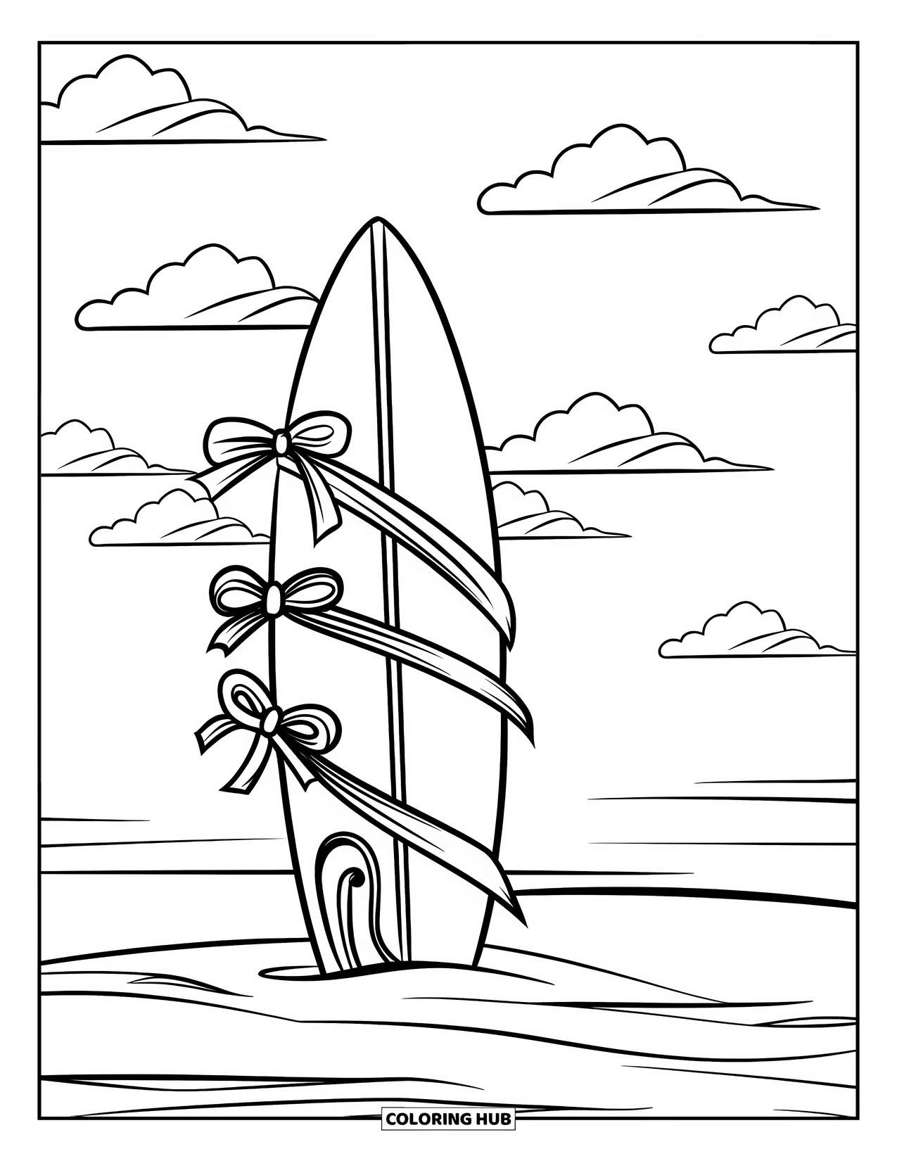 Summer Preppy Coloring Page for Kids: A surfboard with ribbons shines under the open beach sky