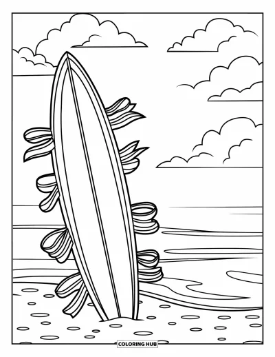 Coloriage summer preppy pour enfants : Une planche de surf avec des rubans plantée dans le sable chaud de la plage